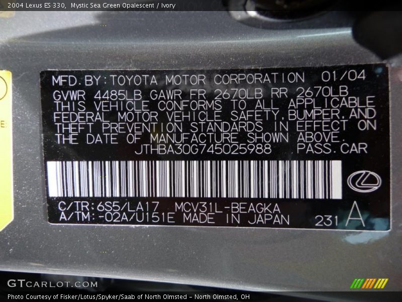 Mystic Sea Green Opalescent / Ivory 2004 Lexus ES 330