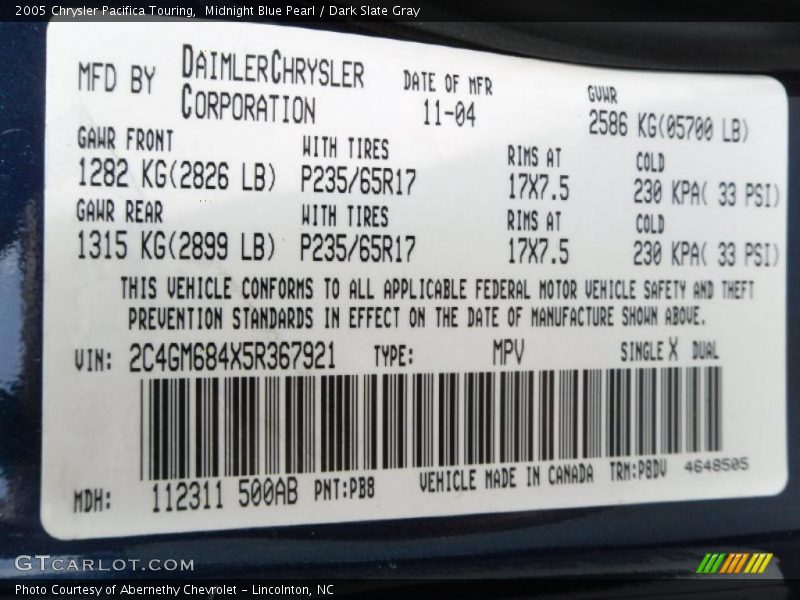 Midnight Blue Pearl / Dark Slate Gray 2005 Chrysler Pacifica Touring