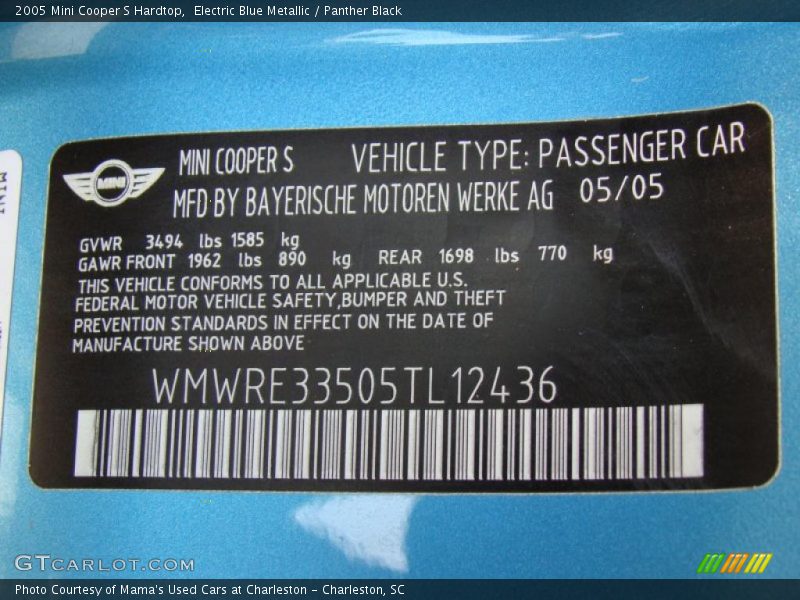 Electric Blue Metallic / Panther Black 2005 Mini Cooper S Hardtop