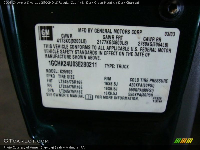 Dark Green Metallic / Dark Charcoal 2003 Chevrolet Silverado 2500HD LS Regular Cab 4x4