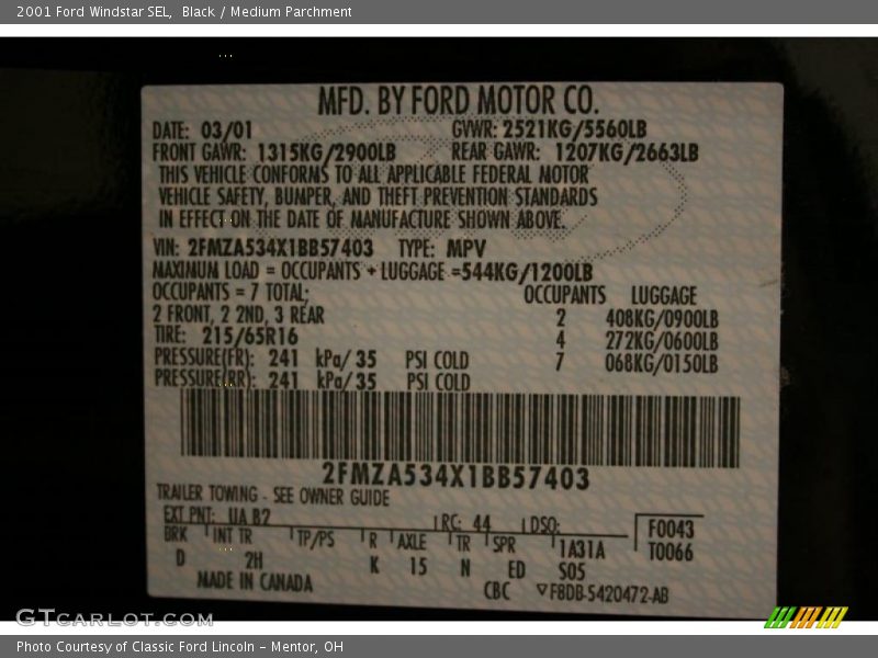 Black / Medium Parchment 2001 Ford Windstar SEL