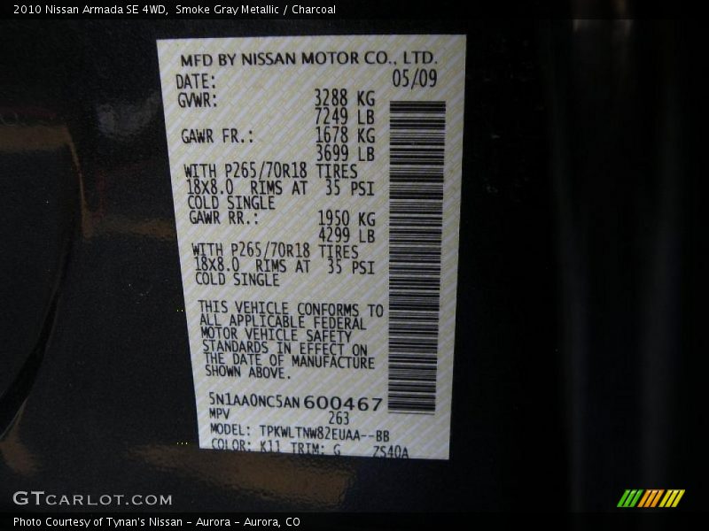 Smoke Gray Metallic / Charcoal 2010 Nissan Armada SE 4WD