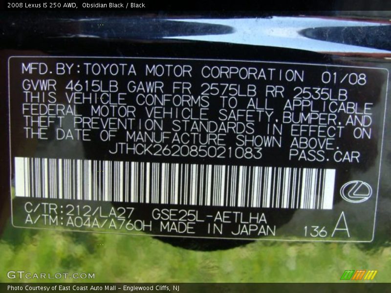 Obsidian Black / Black 2008 Lexus IS 250 AWD