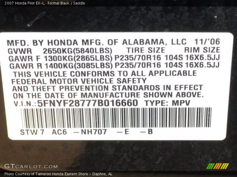 Formal Black / Saddle 2007 Honda Pilot EX-L
