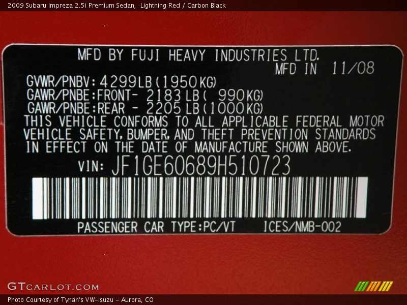 Lightning Red / Carbon Black 2009 Subaru Impreza 2.5i Premium Sedan