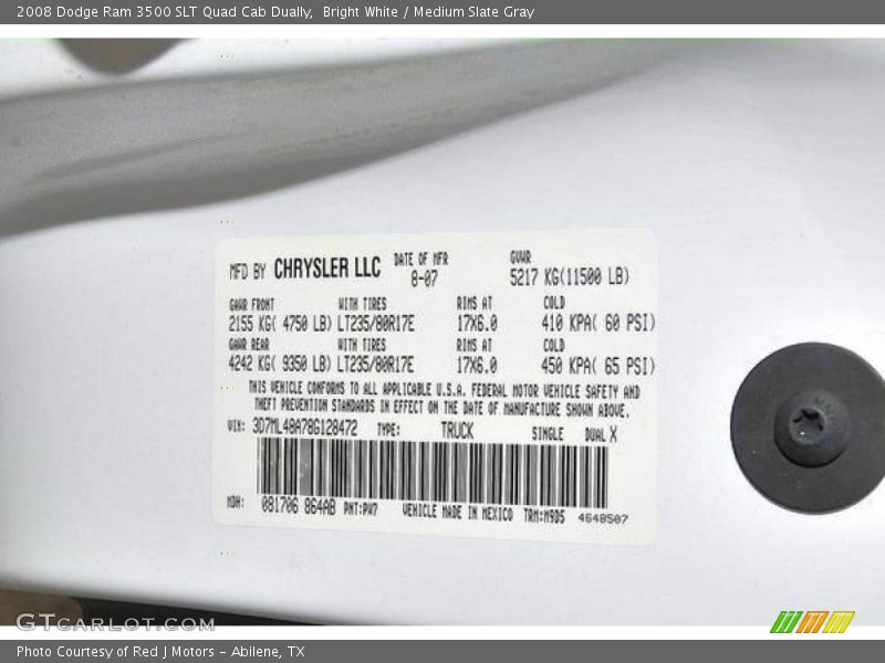 Bright White / Medium Slate Gray 2008 Dodge Ram 3500 SLT Quad Cab Dually
