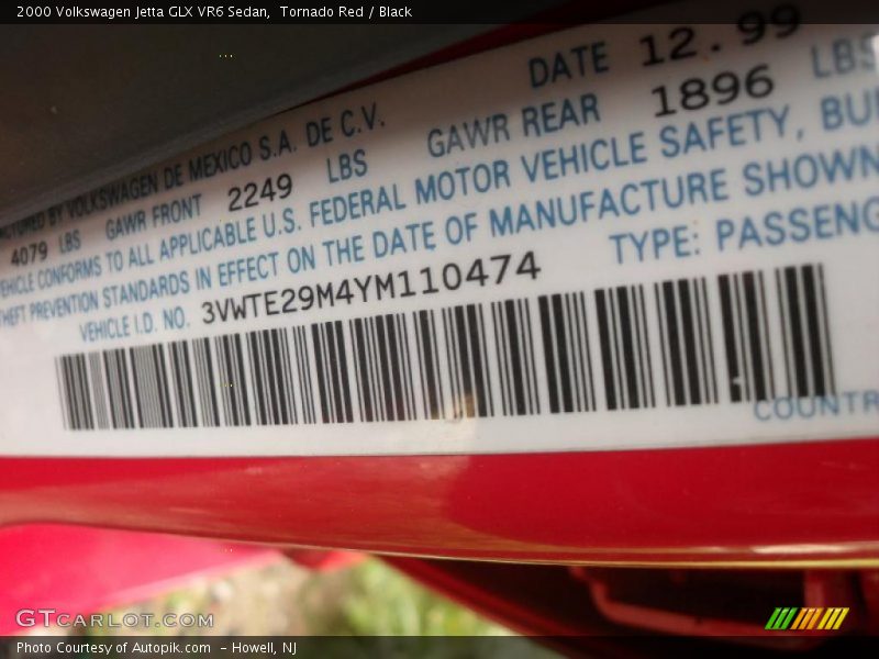 Tornado Red / Black 2000 Volkswagen Jetta GLX VR6 Sedan