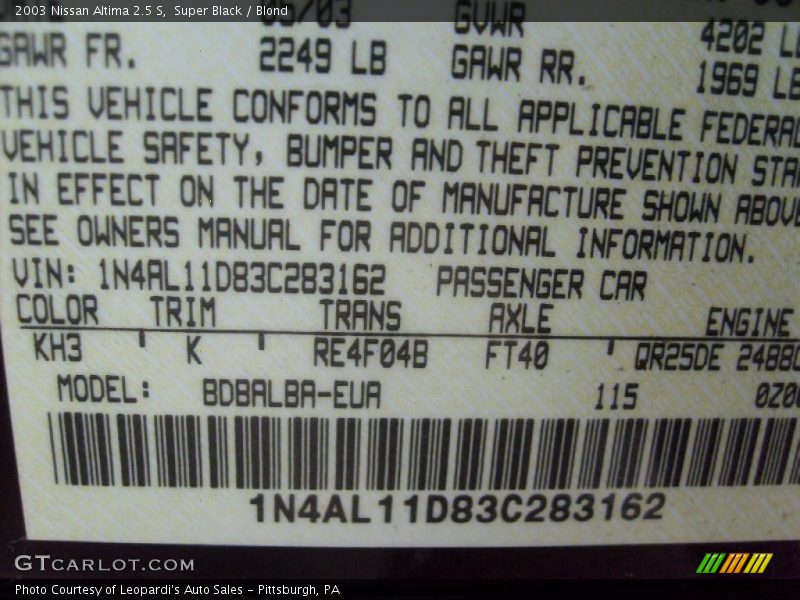 Super Black / Blond 2003 Nissan Altima 2.5 S