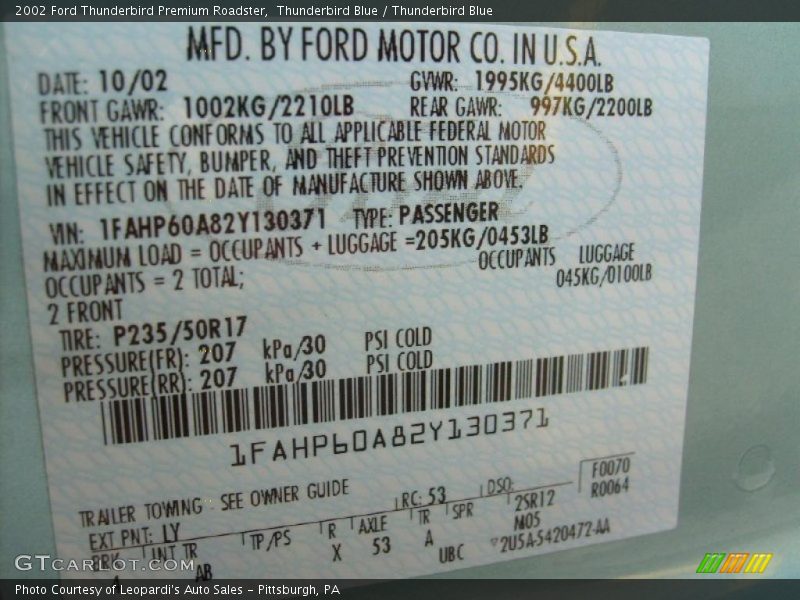 Thunderbird Blue / Thunderbird Blue 2002 Ford Thunderbird Premium Roadster