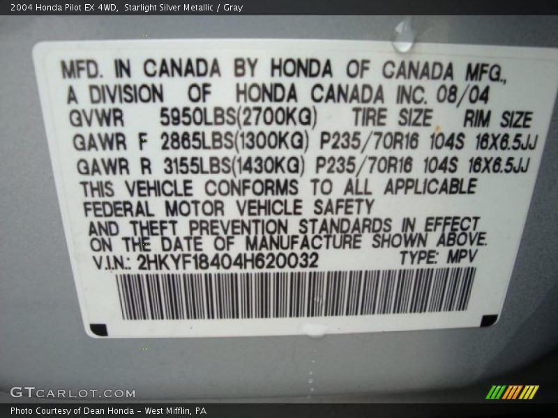 Starlight Silver Metallic / Gray 2004 Honda Pilot EX 4WD