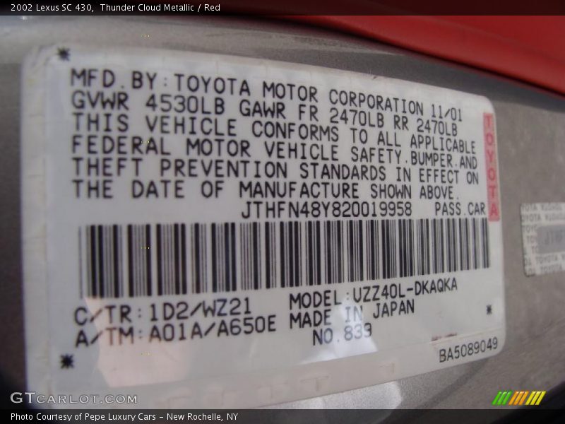 Thunder Cloud Metallic / Red 2002 Lexus SC 430