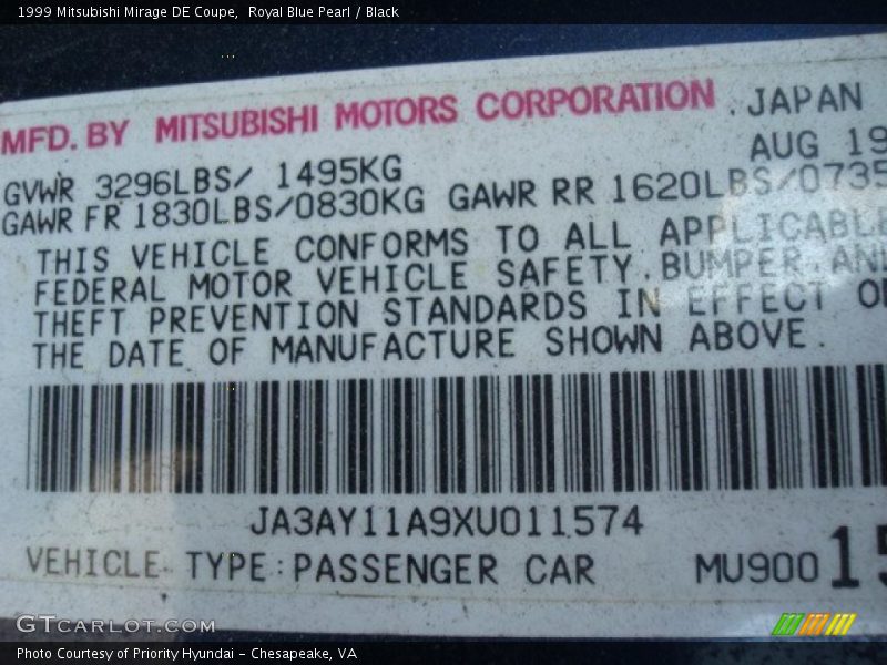 Royal Blue Pearl / Black 1999 Mitsubishi Mirage DE Coupe