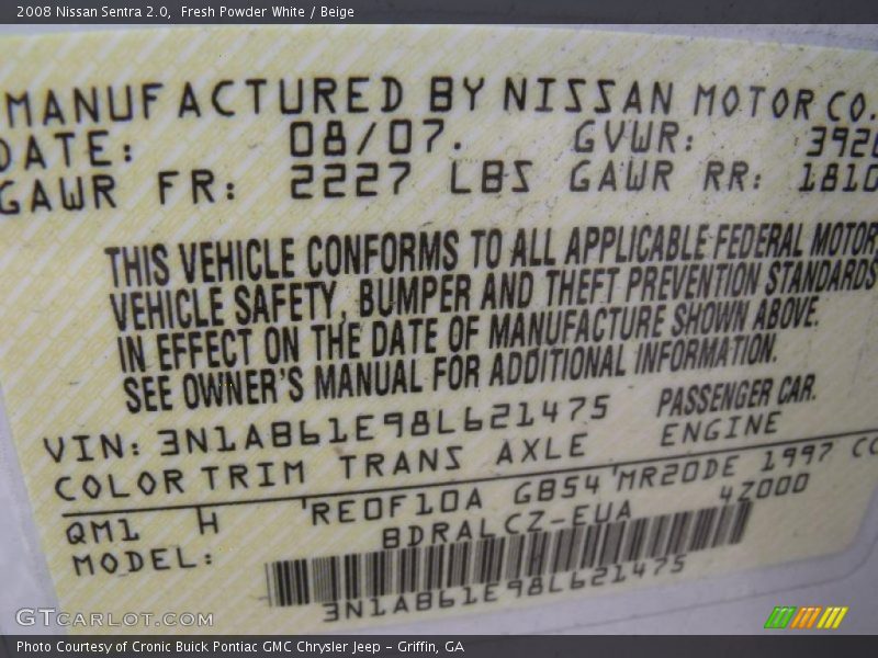 Fresh Powder White / Beige 2008 Nissan Sentra 2.0