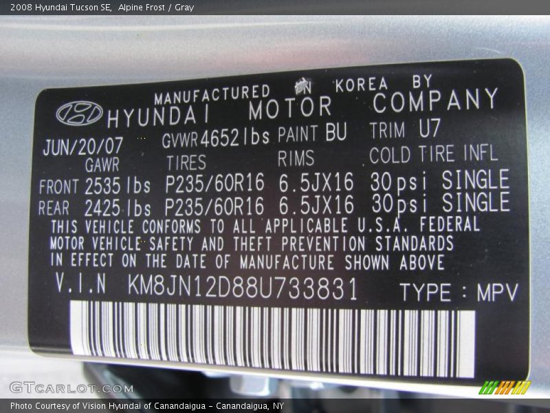 Alpine Frost / Gray 2008 Hyundai Tucson SE