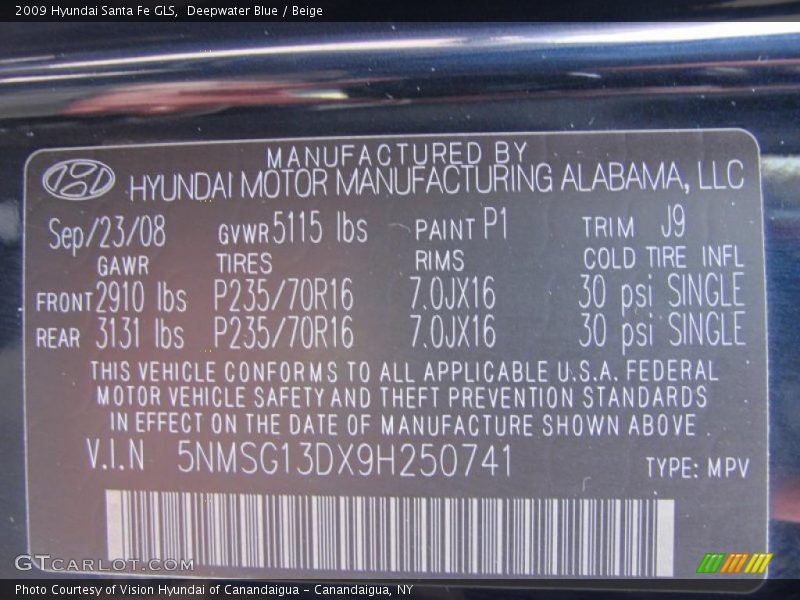 Deepwater Blue / Beige 2009 Hyundai Santa Fe GLS