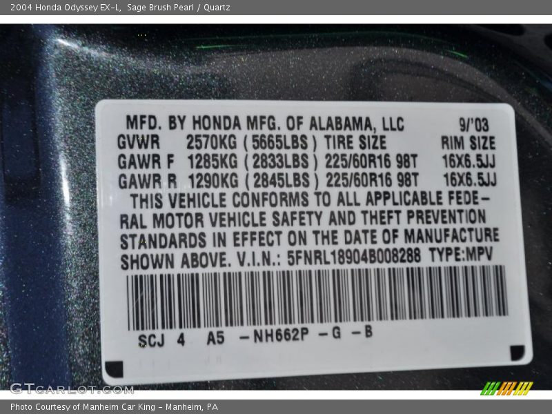 Sage Brush Pearl / Quartz 2004 Honda Odyssey EX-L