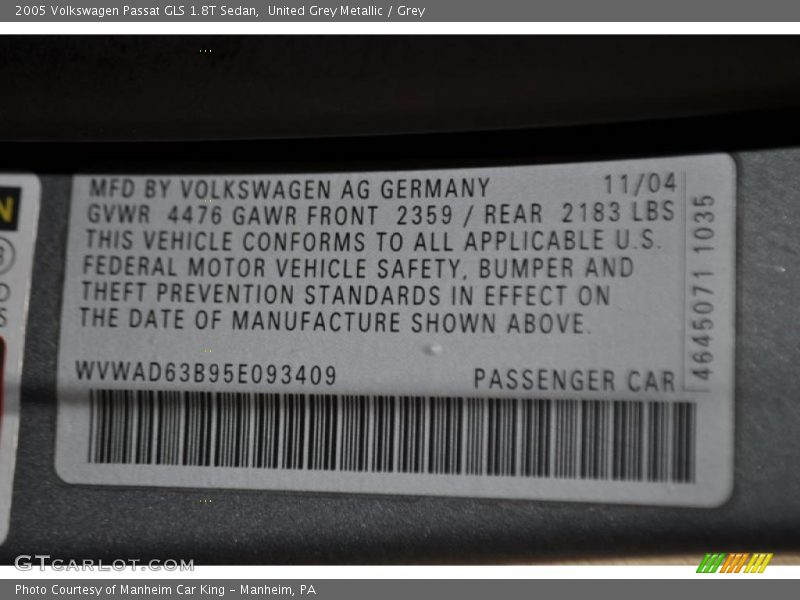 United Grey Metallic / Grey 2005 Volkswagen Passat GLS 1.8T Sedan