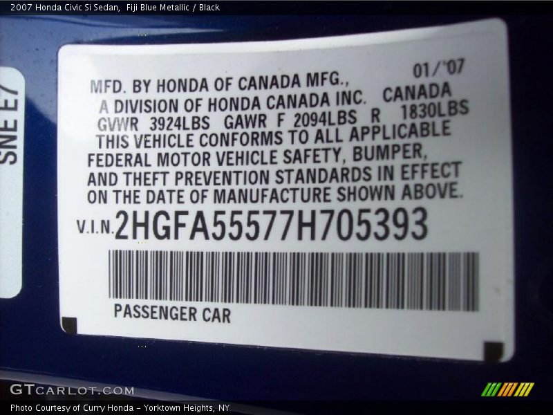 Fiji Blue Metallic / Black 2007 Honda Civic Si Sedan