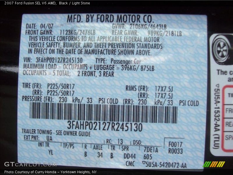 Black / Light Stone 2007 Ford Fusion SEL V6 AWD