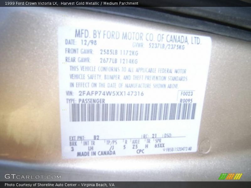 Harvest Gold Metallic / Medium Parchment 1999 Ford Crown Victoria LX