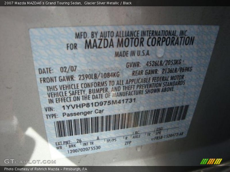 Glacier Silver Metallic / Black 2007 Mazda MAZDA6 s Grand Touring Sedan