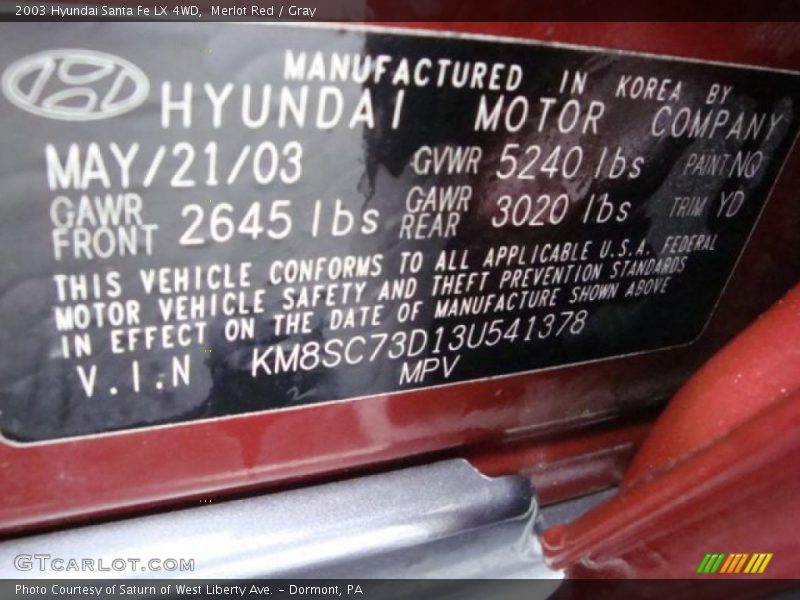 Merlot Red / Gray 2003 Hyundai Santa Fe LX 4WD