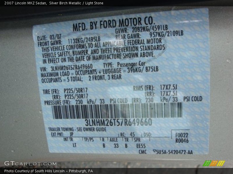 Silver Birch Metallic / Light Stone 2007 Lincoln MKZ Sedan