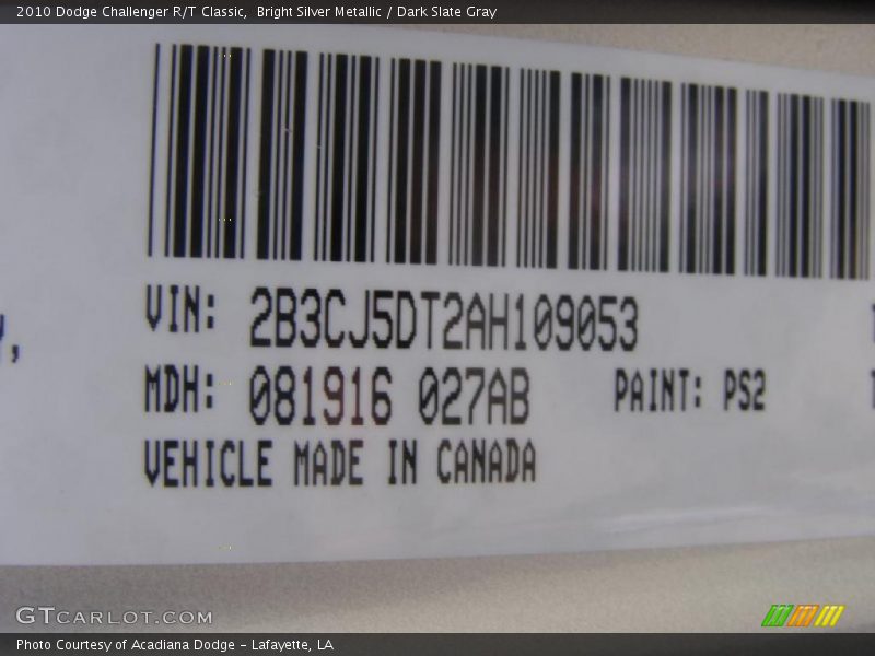 Bright Silver Metallic / Dark Slate Gray 2010 Dodge Challenger R/T Classic