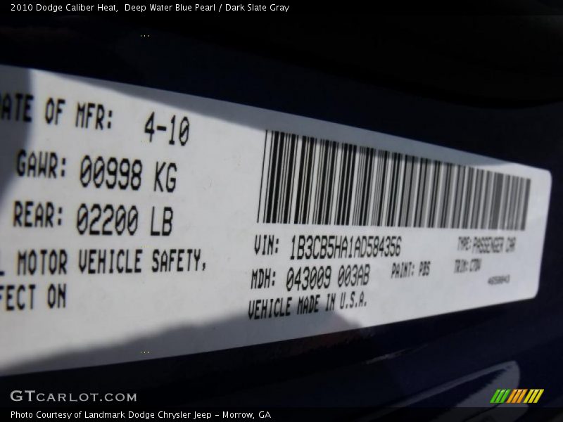 Deep Water Blue Pearl / Dark Slate Gray 2010 Dodge Caliber Heat