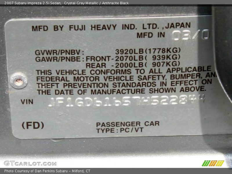 Crystal Gray Metallic / Anthracite Black 2007 Subaru Impreza 2.5i Sedan