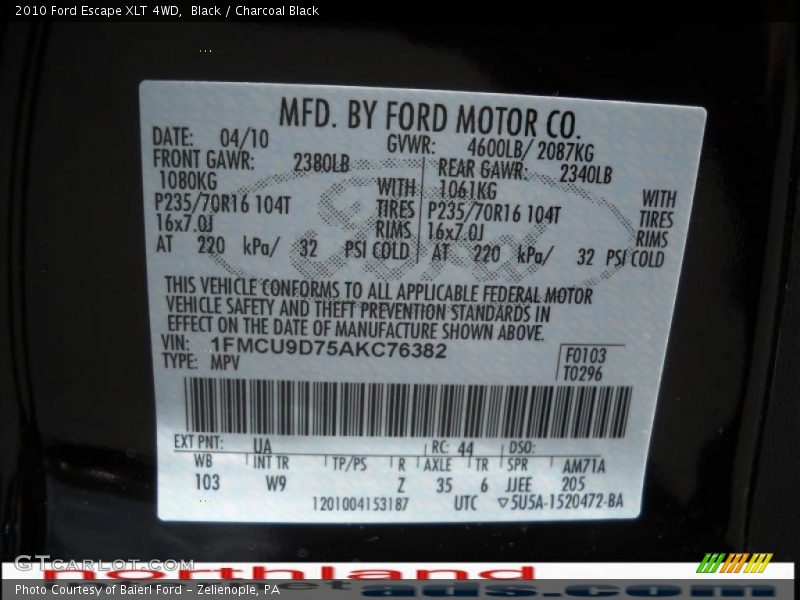 Black / Charcoal Black 2010 Ford Escape XLT 4WD