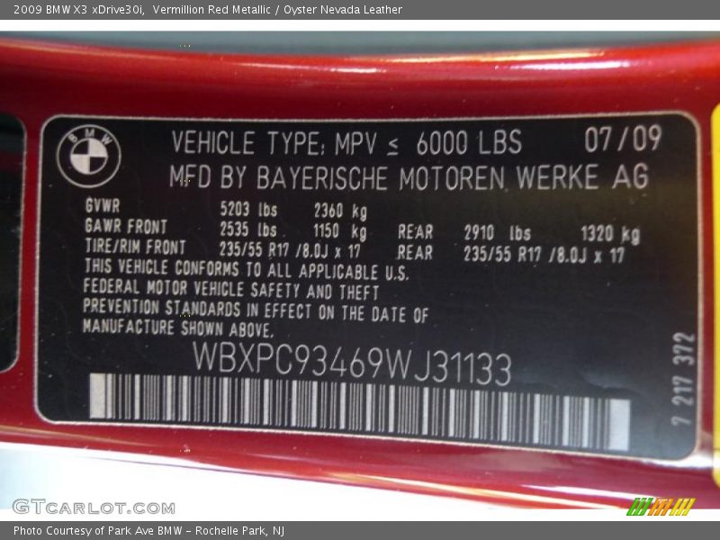 Vermillion Red Metallic / Oyster Nevada Leather 2009 BMW X3 xDrive30i