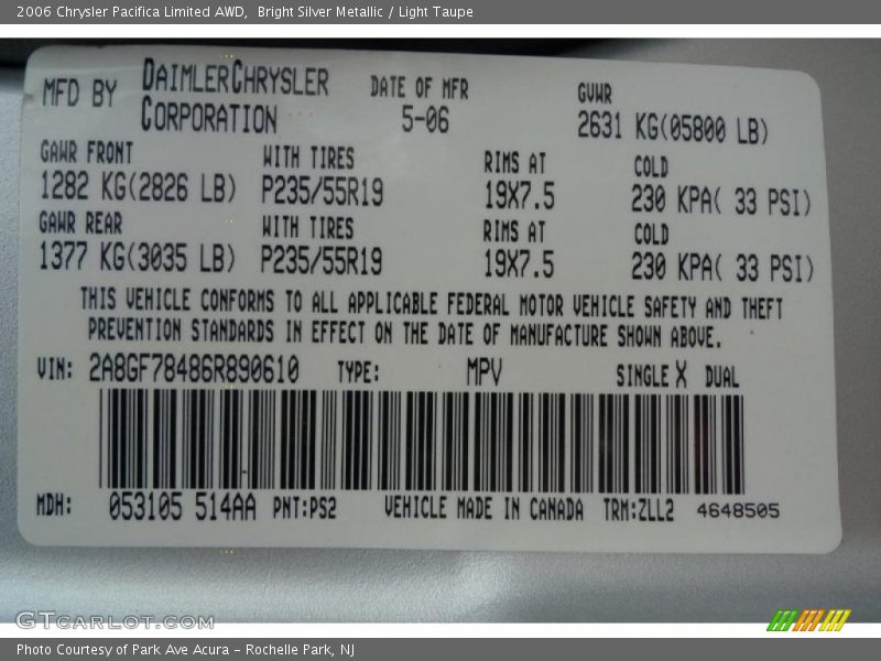 Bright Silver Metallic / Light Taupe 2006 Chrysler Pacifica Limited AWD