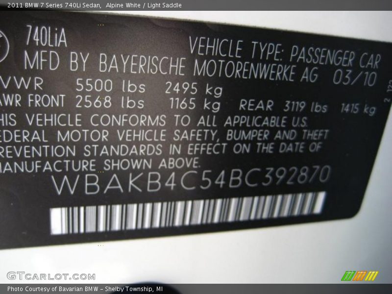 Alpine White / Light Saddle 2011 BMW 7 Series 740Li Sedan
