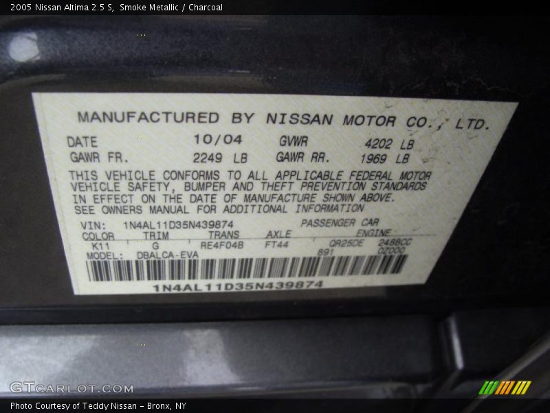 Smoke Metallic / Charcoal 2005 Nissan Altima 2.5 S