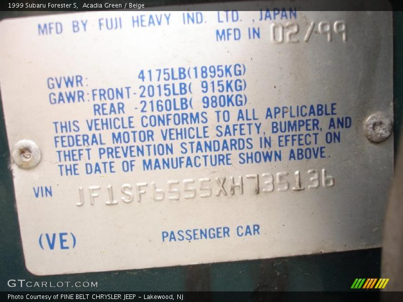 Acadia Green / Beige 1999 Subaru Forester S