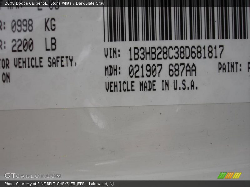 Stone White / Dark Slate Gray 2008 Dodge Caliber SE