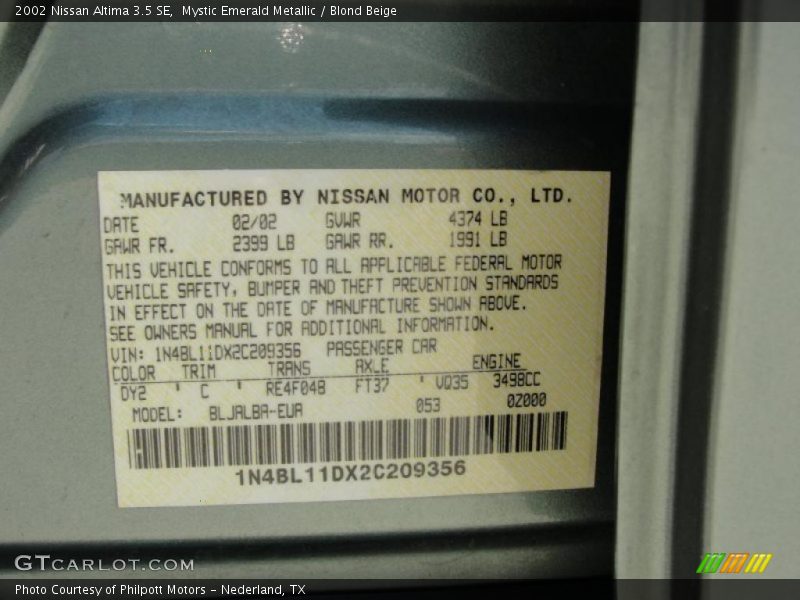 Mystic Emerald Metallic / Blond Beige 2002 Nissan Altima 3.5 SE