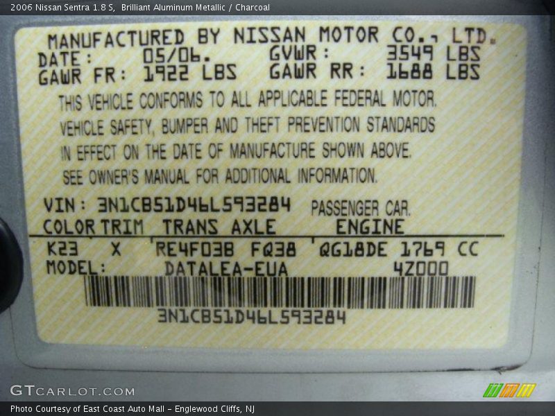 Brilliant Aluminum Metallic / Charcoal 2006 Nissan Sentra 1.8 S