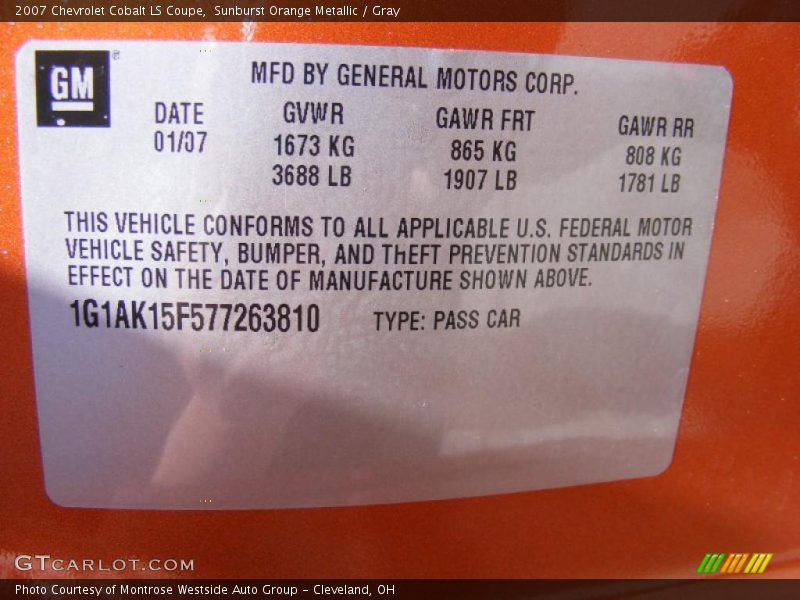 Sunburst Orange Metallic / Gray 2007 Chevrolet Cobalt LS Coupe