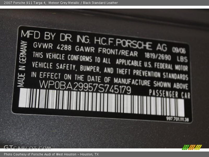 Meteor Grey Metallic / Black Standard Leather 2007 Porsche 911 Targa 4