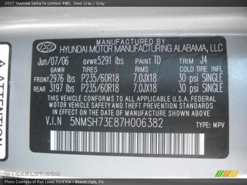Steel Gray / Gray 2007 Hyundai Santa Fe Limited 4WD