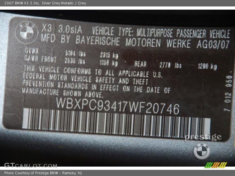 Silver Grey Metallic / Grey 2007 BMW X3 3.0si