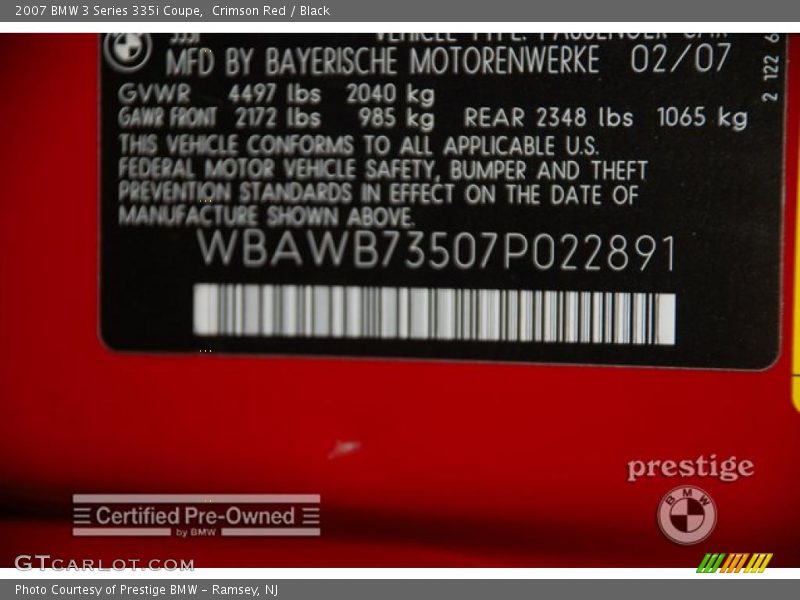 Crimson Red / Black 2007 BMW 3 Series 335i Coupe