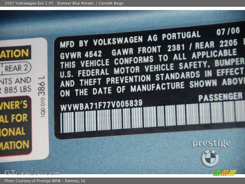 Eismeer Blue Metallic / Cornsilk Beige 2007 Volkswagen Eos 2.0T