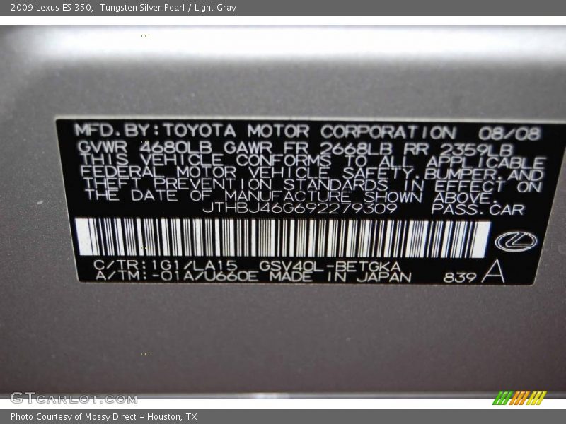 Tungsten Silver Pearl / Light Gray 2009 Lexus ES 350