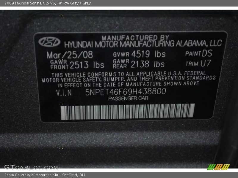 Willow Gray / Gray 2009 Hyundai Sonata GLS V6