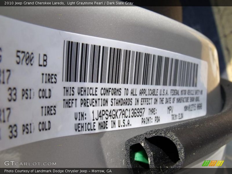 Light Graystone Pearl / Dark Slate Gray 2010 Jeep Grand Cherokee Laredo