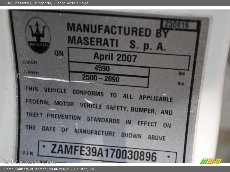 Info Tag of 2007 Quattroporte 