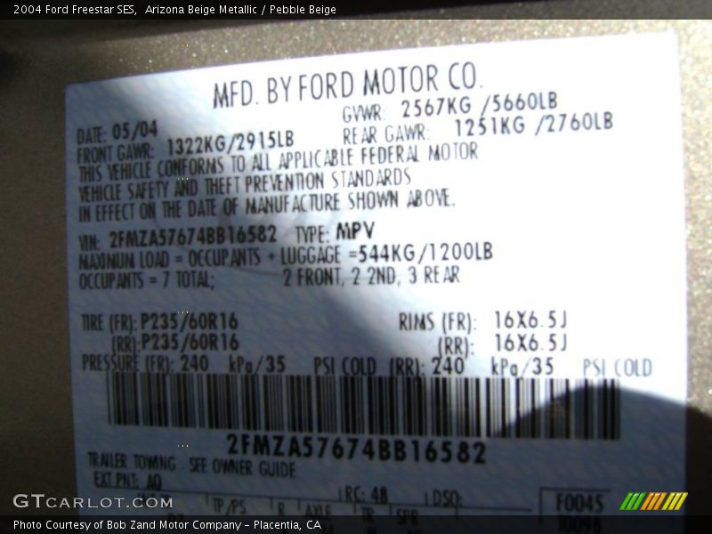 Arizona Beige Metallic / Pebble Beige 2004 Ford Freestar SES